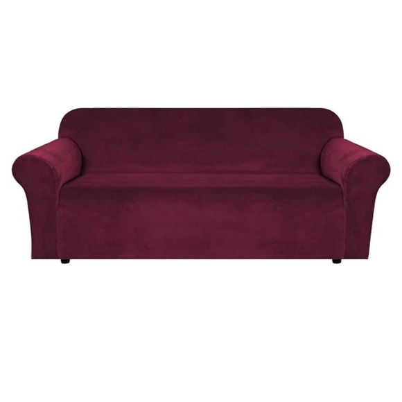 Red Stretch Velvet Sofa Couch Cover with Non Slip Elastic Bottom 72”-90” - Picture 2 of 5